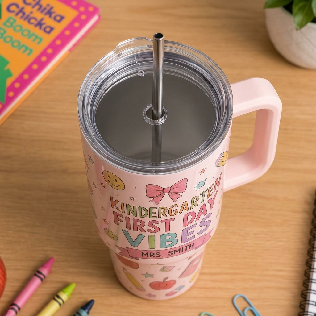 Personalized Kindergarten Teacher 40oz Tumbler with Handle - Custom First Day Vibes School Gift