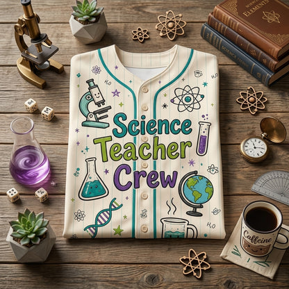 Personalized Science Teacher Crew Baseball Jersey - Custom Name STEM Educator Gift, Caffeine & Curiosity Jersey