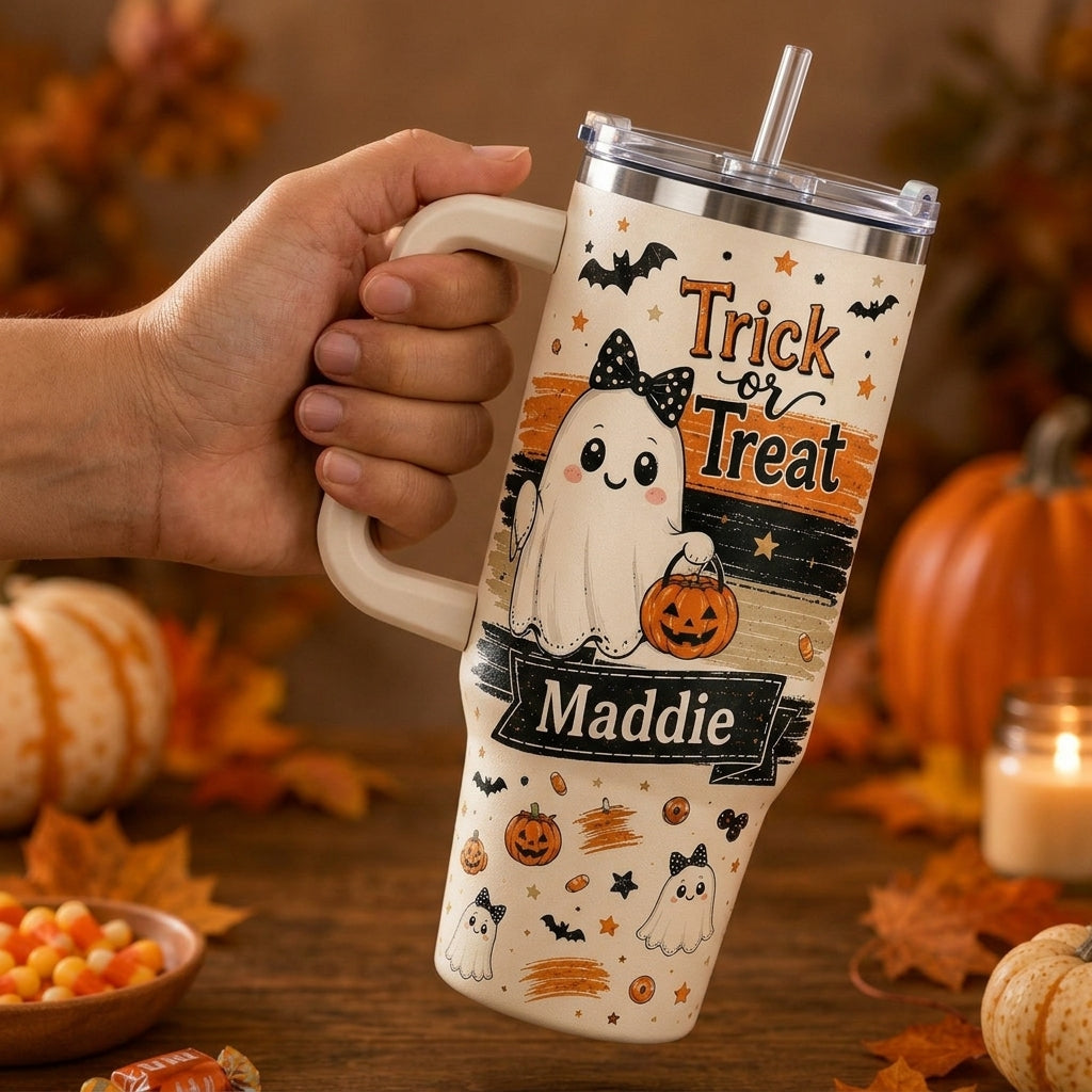 Personalized Halloween Ghost Trick or Treat 40oz Tumbler with Handle - Custom Name Gift