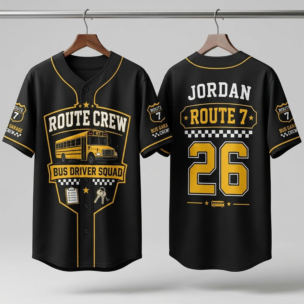 Personalized School Bus Driver Route Crew Baseball Jersey - Custom Name and Number Black Athletic Uniform