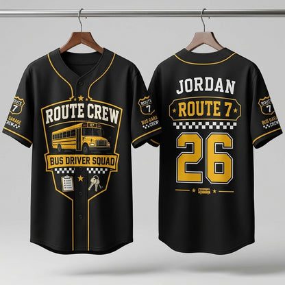 Personalized School Bus Driver Route Crew Baseball Jersey - Custom Name and Number Black Athletic Uniform