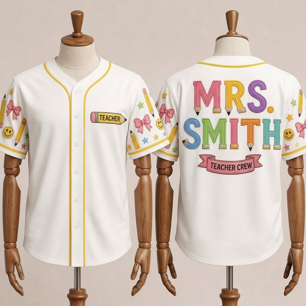 Personalized Teacher Crew Baseball Jersey - Custom Name Pencil Design School Spirit Shirt