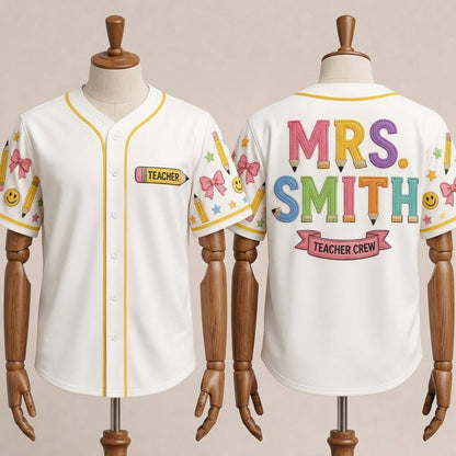Personalized Teacher Crew Baseball Jersey - Custom Name Pencil Design School Spirit Shirt