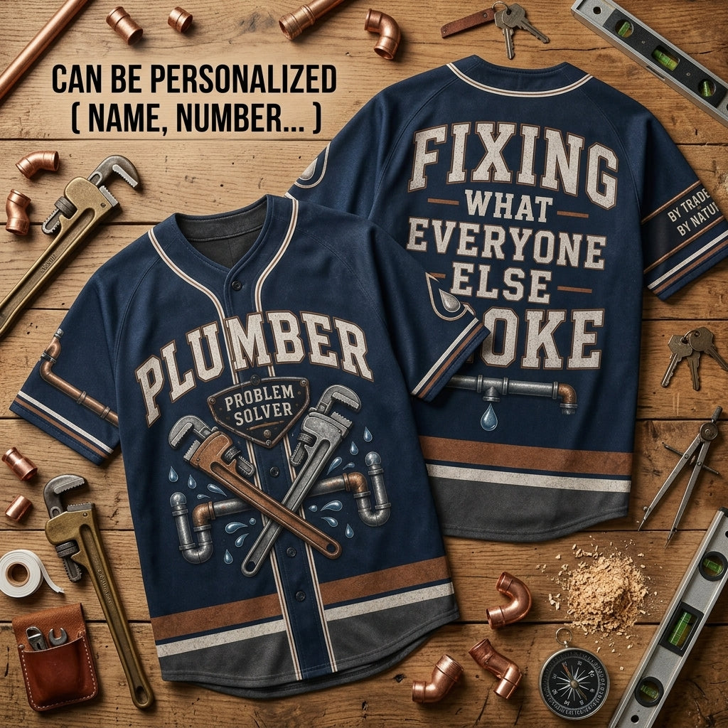 Personalized Plumber Baseball Jersey - Funny Problem Solver Fixing What Everyone Else Broke Custom Name Trade Shirt
