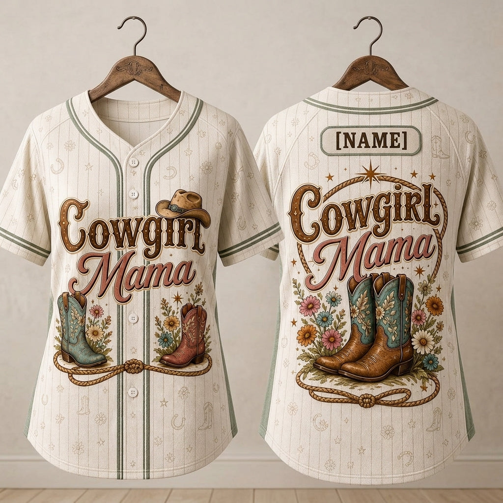 Personalized Cowgirl Mama Baseball Jersey - Custom Name Western Mom Shirt with Floral Boots