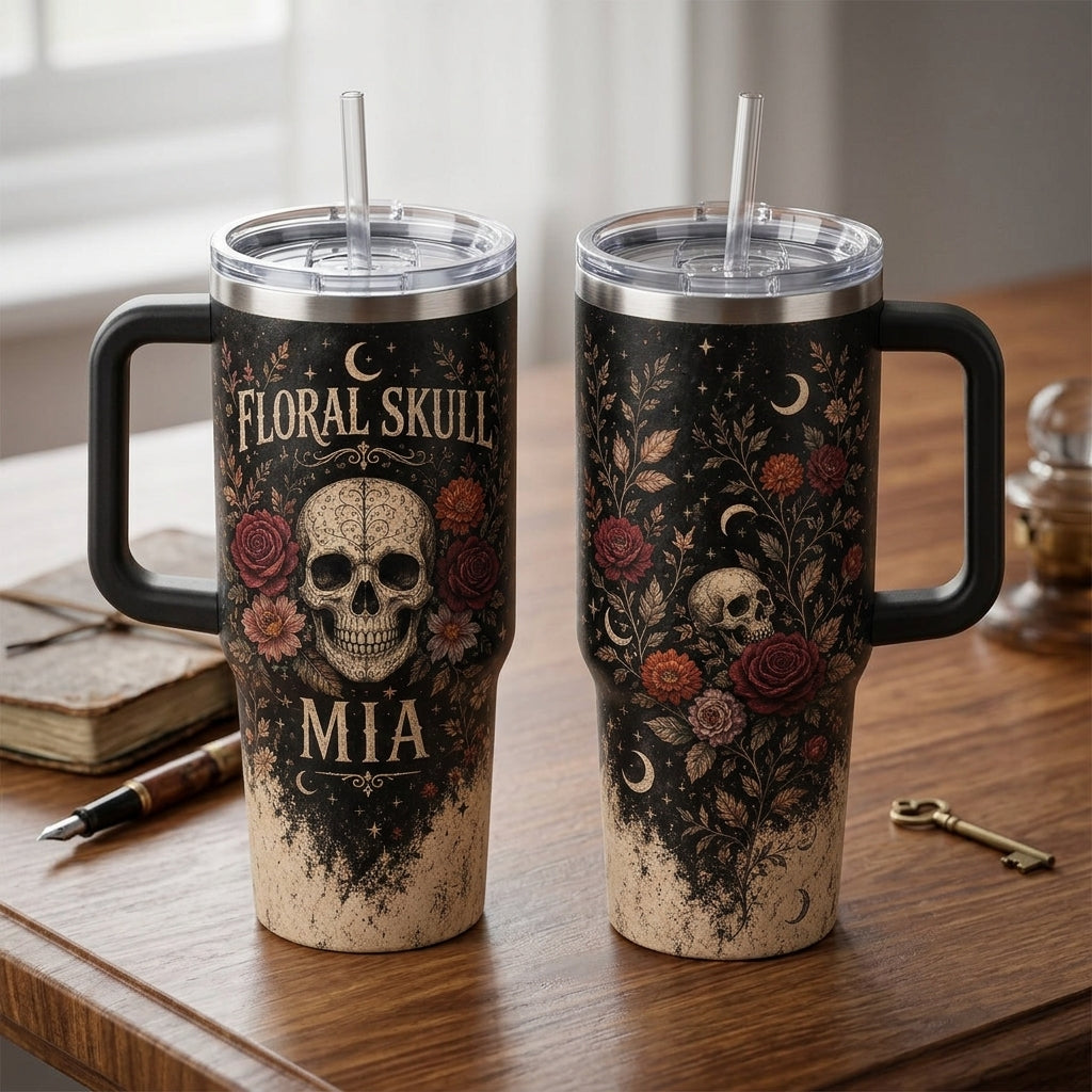 Personalized Floral Skull 40oz Tumbler with Handle, Gothic Rose Celestial Design Custom Name Travel Mug