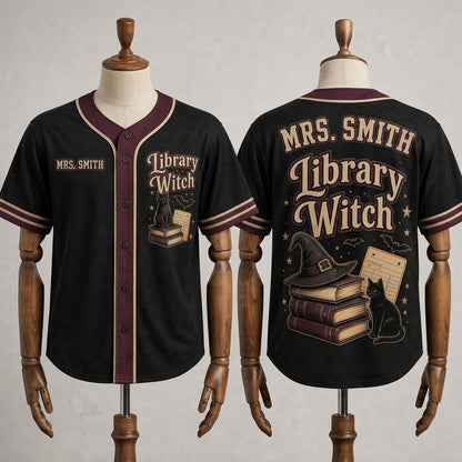 Personalized Library Witch Baseball Jersey - Custom Name Gift for Librarians & Book Lovers