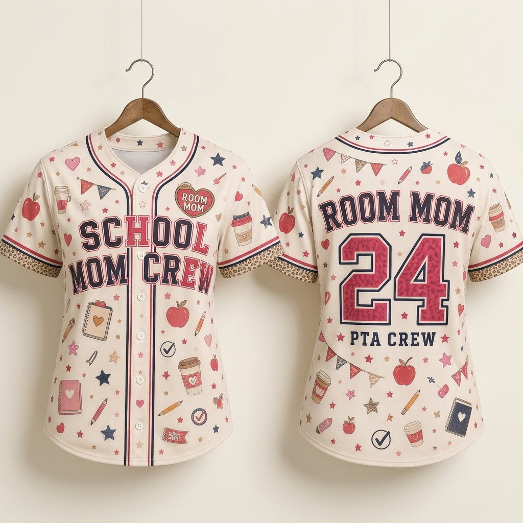 Personalized School Mom Crew Baseball Jersey - Custom Room Mom PTA Shirt Gift for Volunteers