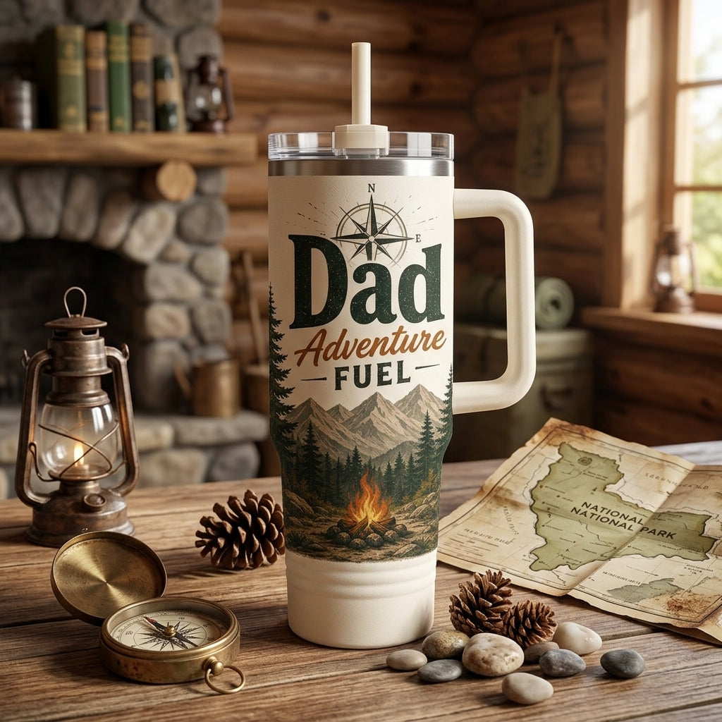 Personalized Dad Adventure Fuel 40oz Tumbler with Handle, Custom Name Trail Companion Hiking Gift for Him