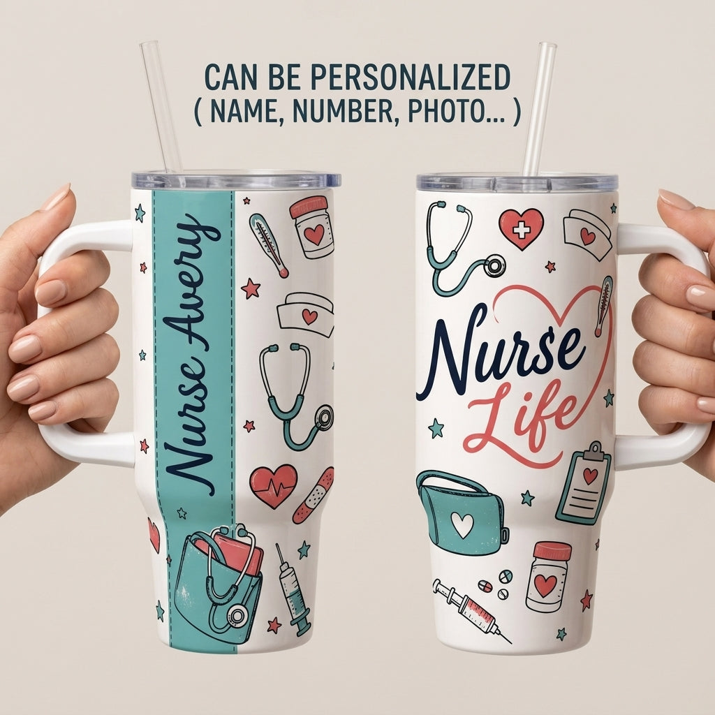 Personalized Nurse Life 40oz Tumbler with Handle - Custom Name Healthcare Gift for Nurses & Nursing Students