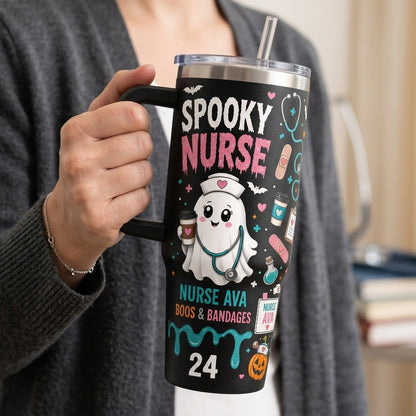 Personalized Spooky Nurse Halloween 40oz Tumbler with Handle - Custom Name Ghost Nurse Boos & Bandages Travel Mug