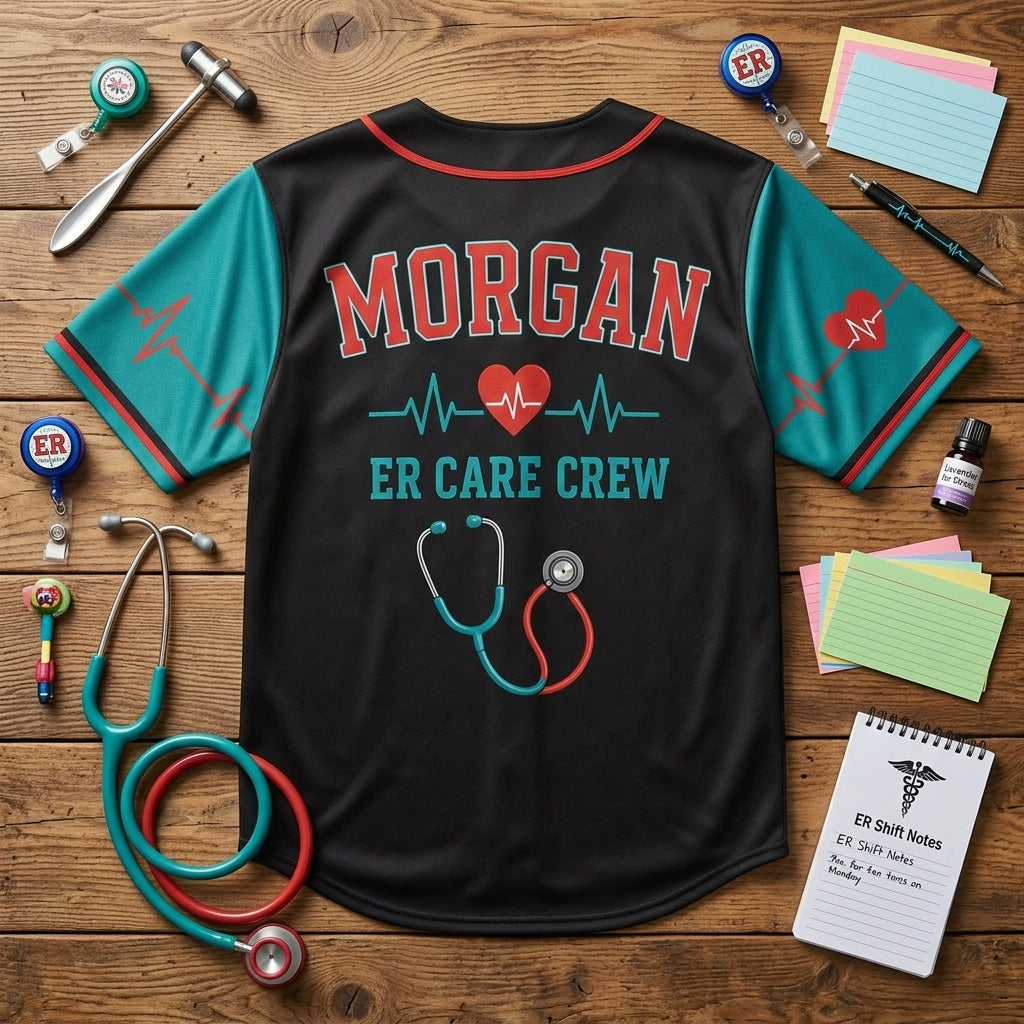 Personalized ER Nurse Care Crew Baseball Jersey - Custom Name Medical Professional Gift for Nursing Teams