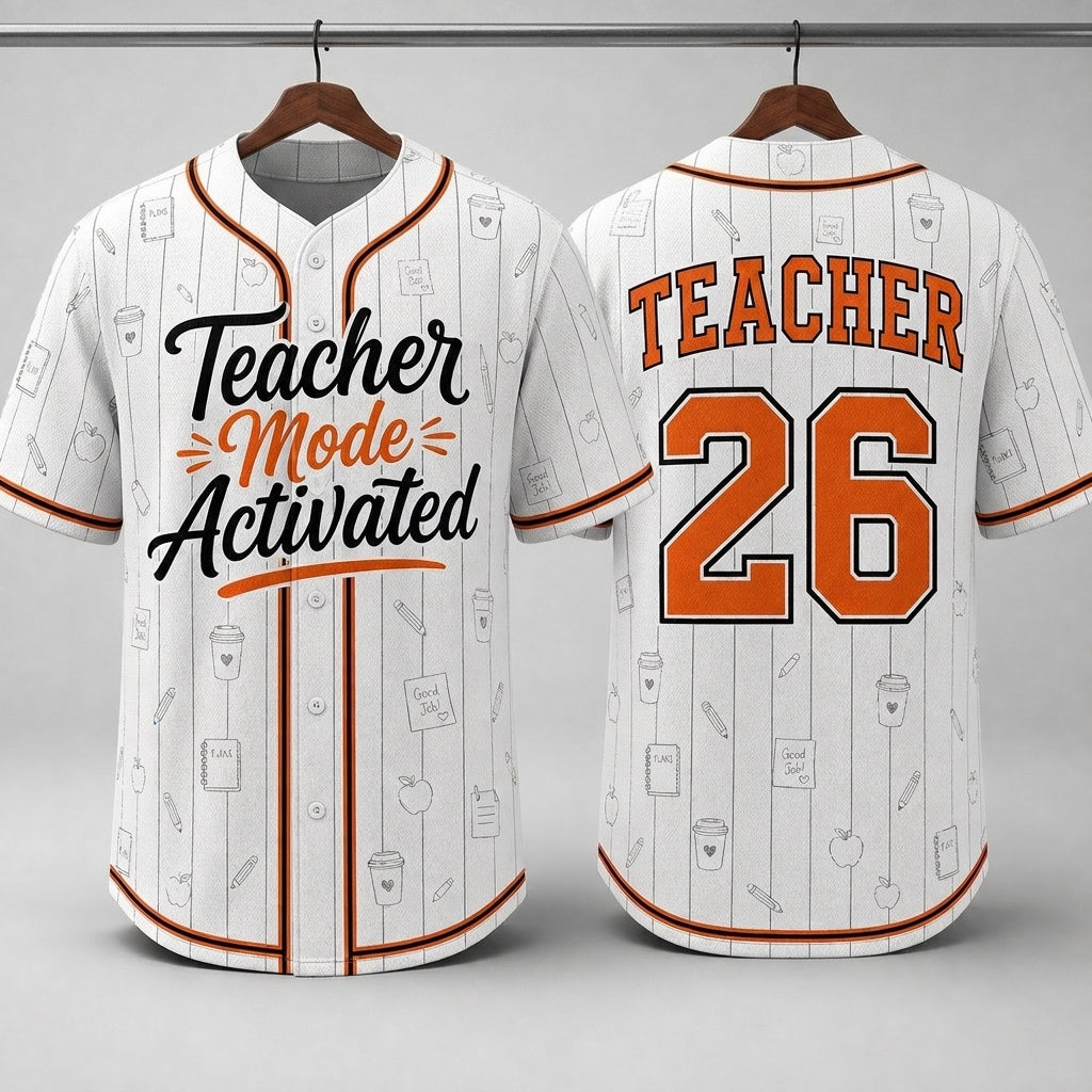 Personalized Teacher Mode Activated Baseball Jersey - Custom Name and Number Classroom Apparel