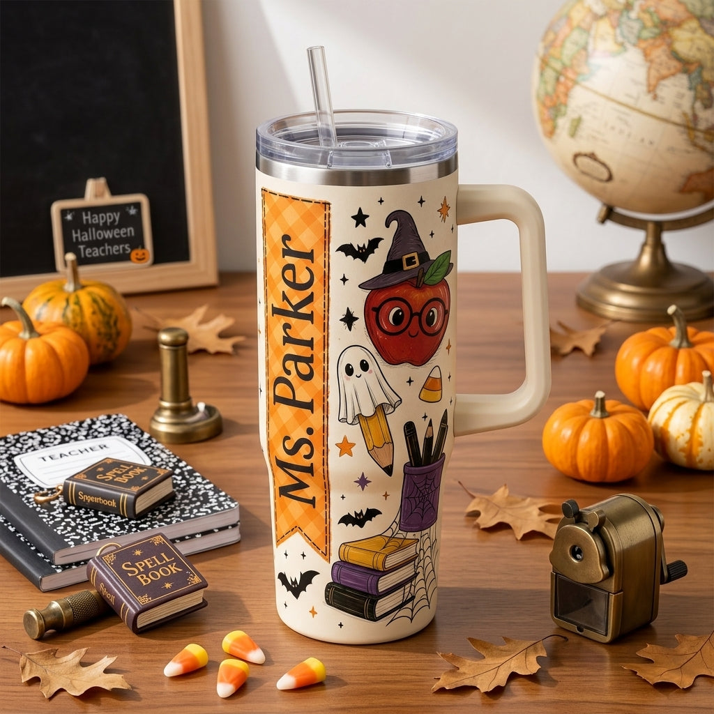 Personalized Spooky Teacher Crew 40oz Tumbler with Handle - Custom Name Halloween Teacher Gift