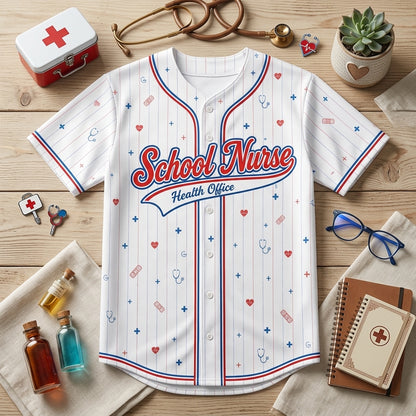 Personalized School Nurse Baseball Jersey - Custom Name & Number Medical Health Office Spirit Wear