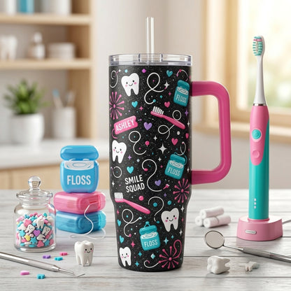 Personalized Floss Boss 40oz Tumbler with Handle - Custom Name Smile Squad Gift for Dental Hygienist