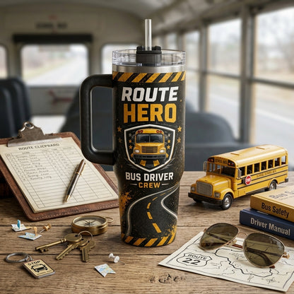 Personalized Route Hero Bus Driver 40oz Tumbler with Handle - Custom Name & Route Number Gift - 40oz tumbler mockup 3