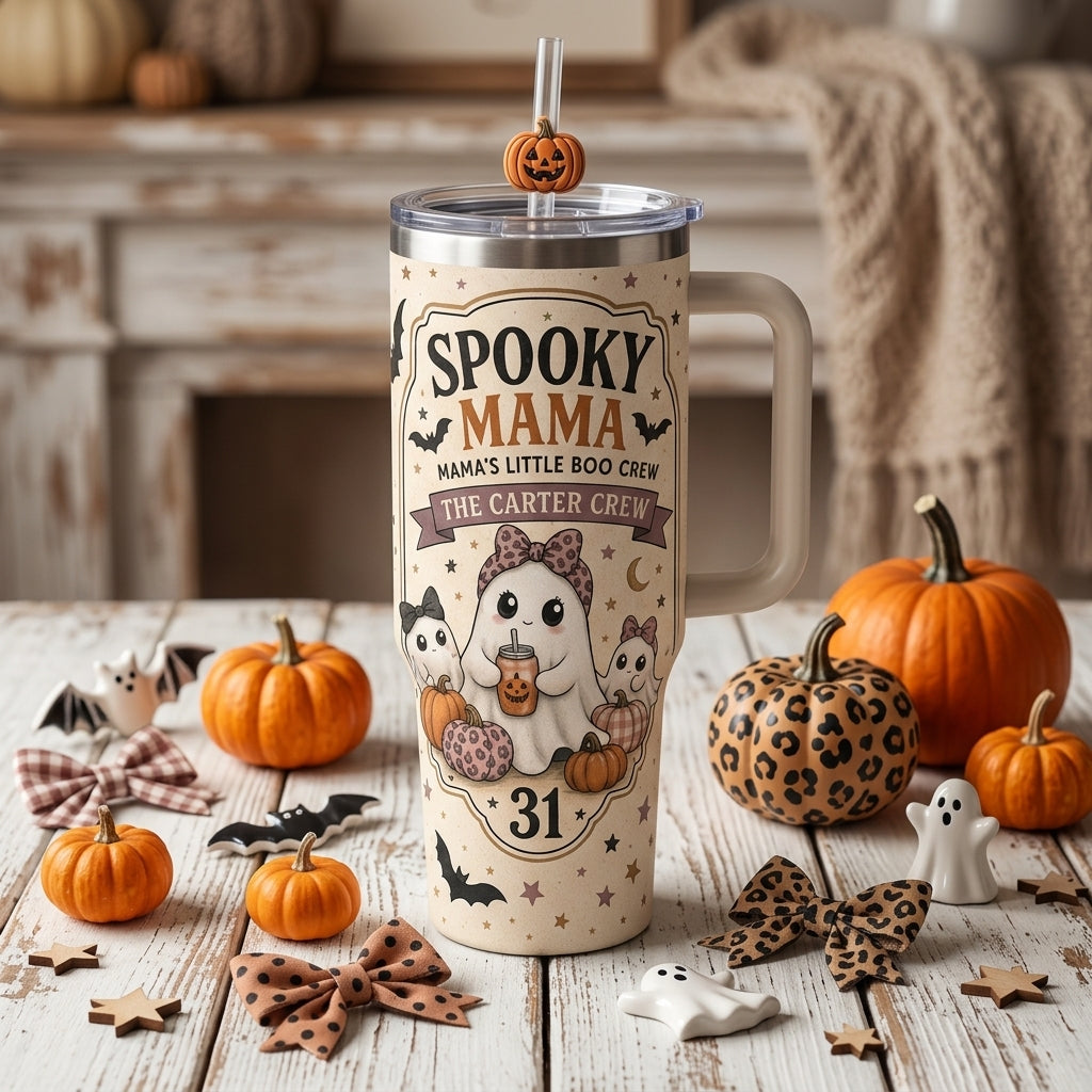 Personalized Spooky Mama 40oz Tumbler with Handle - Custom Family Name Mama's Little Boo Crew Halloween Gift