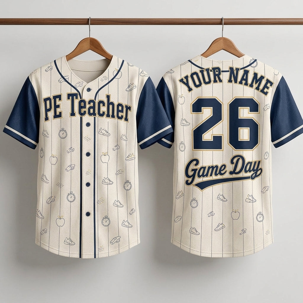 Personalized PE Teacher Baseball Jersey - Custom Name and Number School Spirit Coach Shirt
