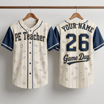 Personalized PE Teacher Baseball Jersey - Custom Name and Number School Spirit Coach Shirt