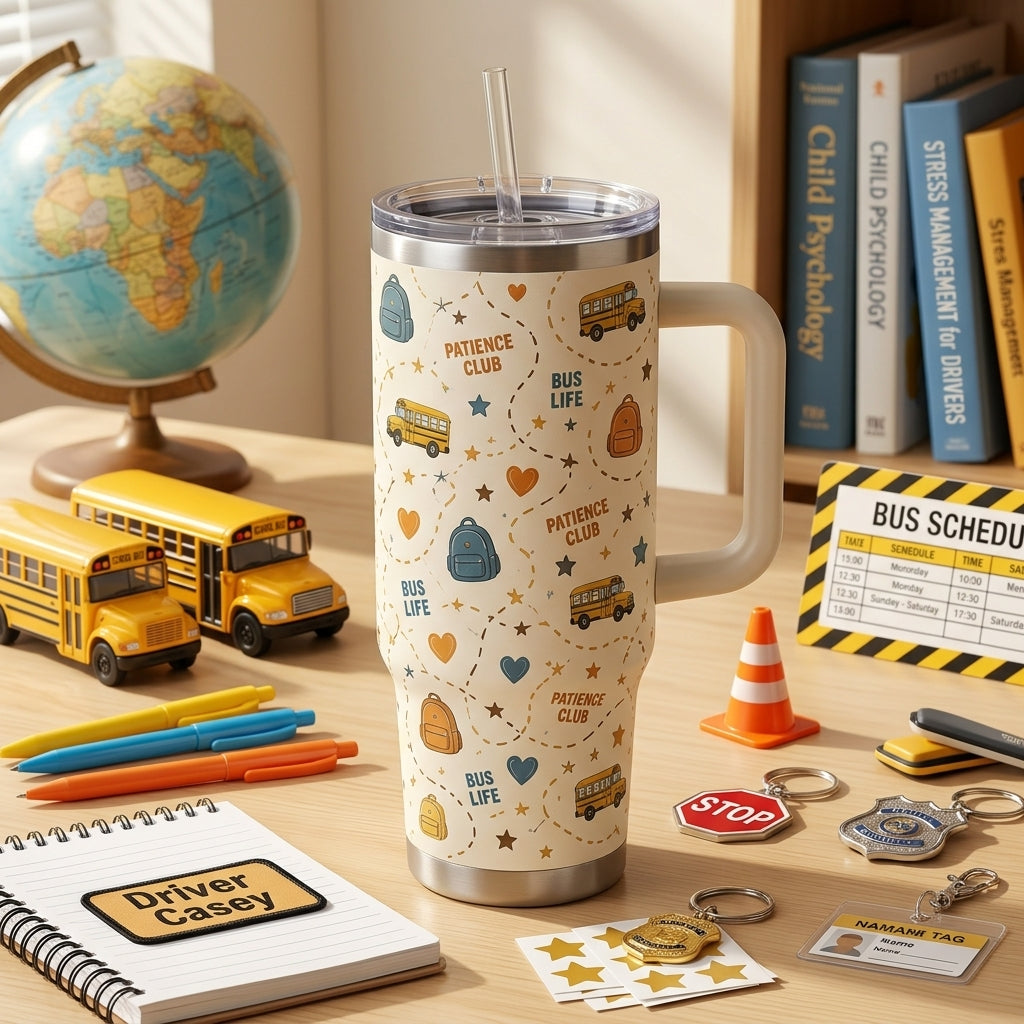 Personalized School Bus Driver 40oz Tumbler with Handle - Tiny Humans Bigger Patience Custom Name Gift