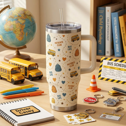 Personalized School Bus Driver 40oz Tumbler with Handle - Tiny Humans Bigger Patience Custom Name Gift
