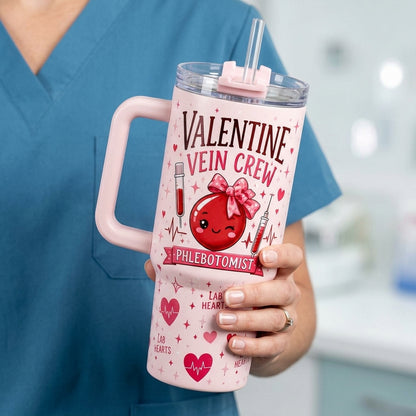 Personalized Valentine Vein Crew Phlebotomist 40oz Tumbler with Handle - Custom Name Gift for Lab Techs