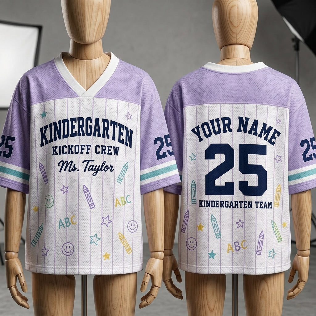 Personalized Kindergarten Kickoff Crew Football Jersey - Custom Teacher Name & Number Mesh Shirt