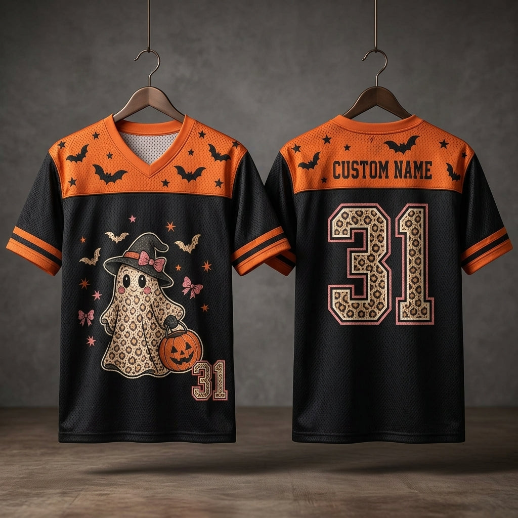 Personalized Halloween Ghost Leopard Print Football Jersey - Custom Name Spooky Mesh Sport Shirt