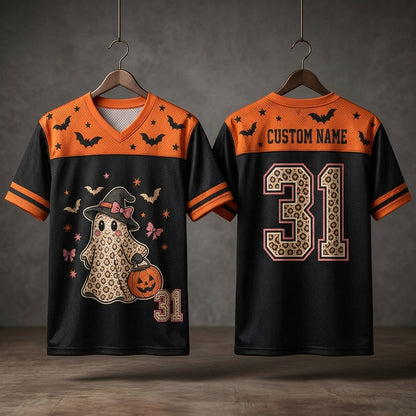 Personalized Halloween Ghost Leopard Print Football Jersey - Custom Name Spooky Mesh Sport Shirt