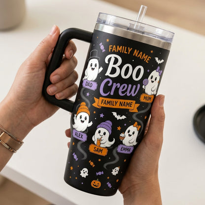 Personalized Boo Crew Halloween Ghost 40oz Tumbler with Handle - Custom Family Name & Member Gift