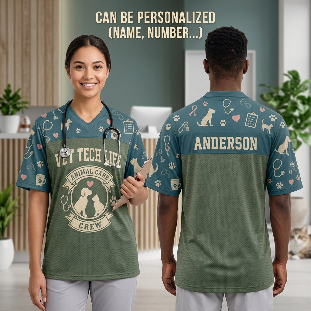 Personalized Vet Tech Life Animal Care Crew Football Jersey - Custom Name Veterinary Professional Gift