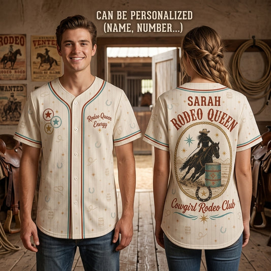 Personalized Rodeo Queen Energy Cowgirl Baseball Jersey - Custom Name Western Barrel Racing Shirt