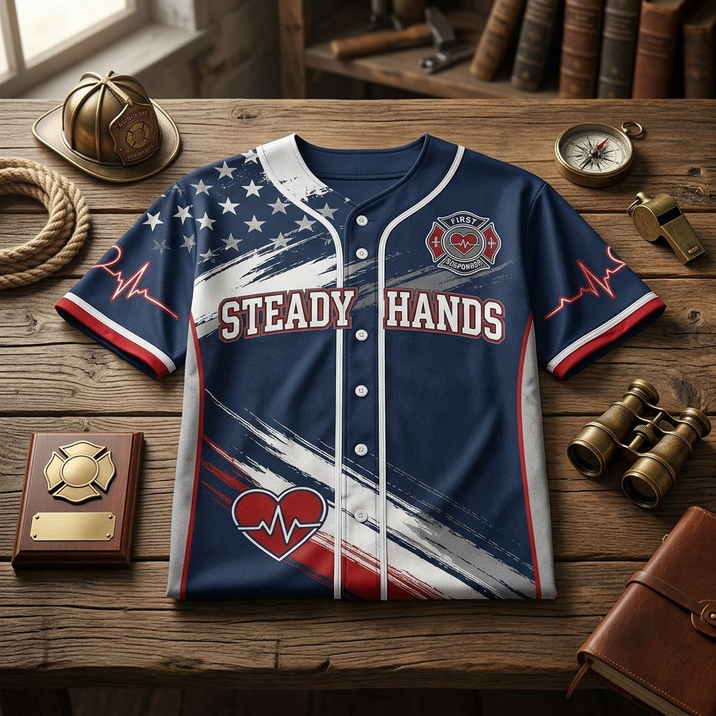 Personalized First Responder Baseball Jersey - Custom Name Steady Hands Strong Heart Patriotic EMS Sportswear