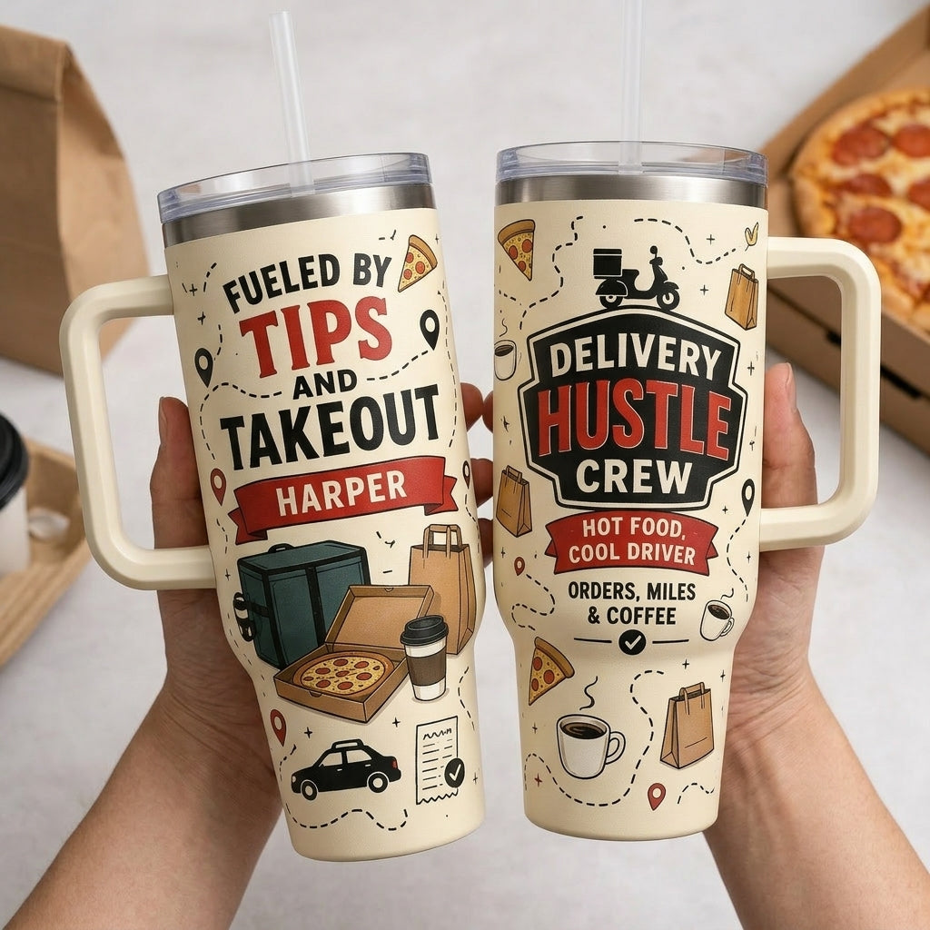 Personalized Delivery Driver 40oz Tumbler with Handle - Custom Hustle Crew Name Gift