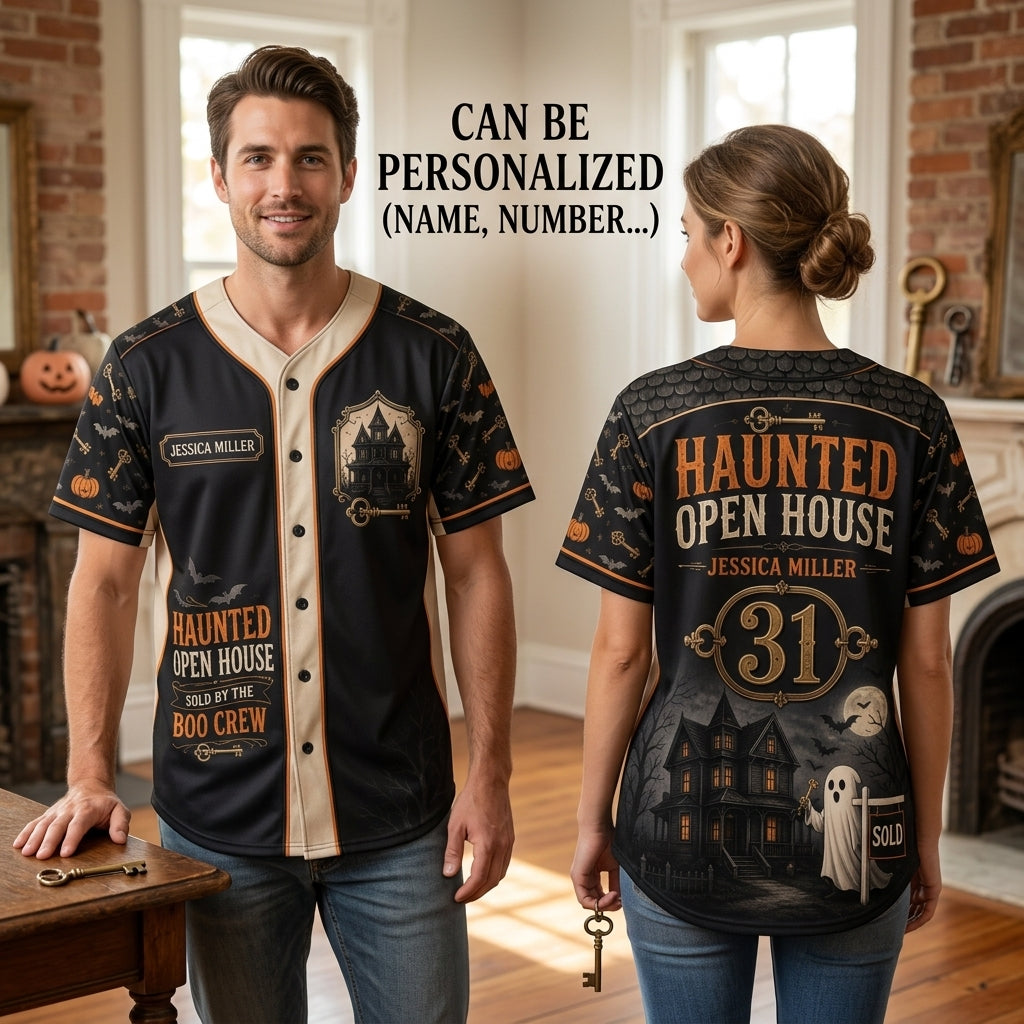 Personalized Haunted Open House Baseball Jersey - Custom Name Realtor Boo Crew Halloween Shirt