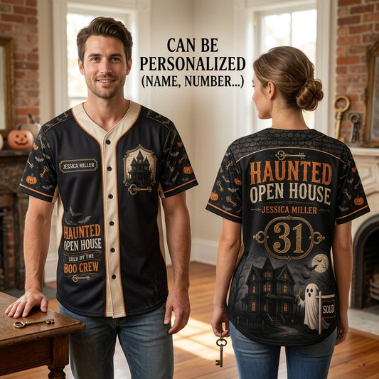 Personalized Haunted Open House Baseball Jersey - Custom Name Realtor Boo Crew Halloween Shirt