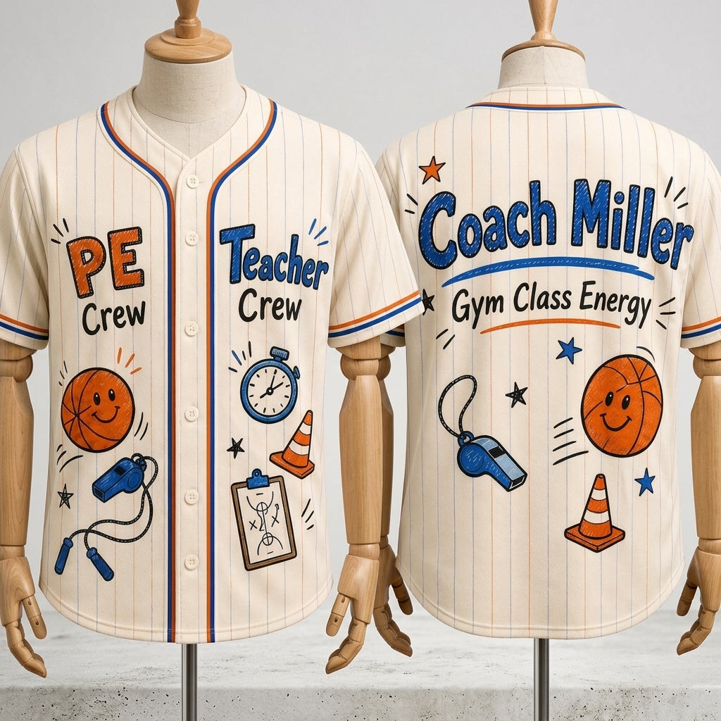 Personalized PE Teacher Crew Baseball Jersey - Custom Coach Name Gym Class Energy Shirt - Unisex Pinstripe Jersey
