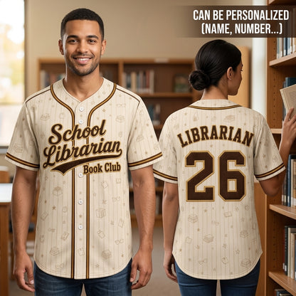 Personalized School Librarian Book Club Baseball Jersey - Custom Name and Number Teacher Gift