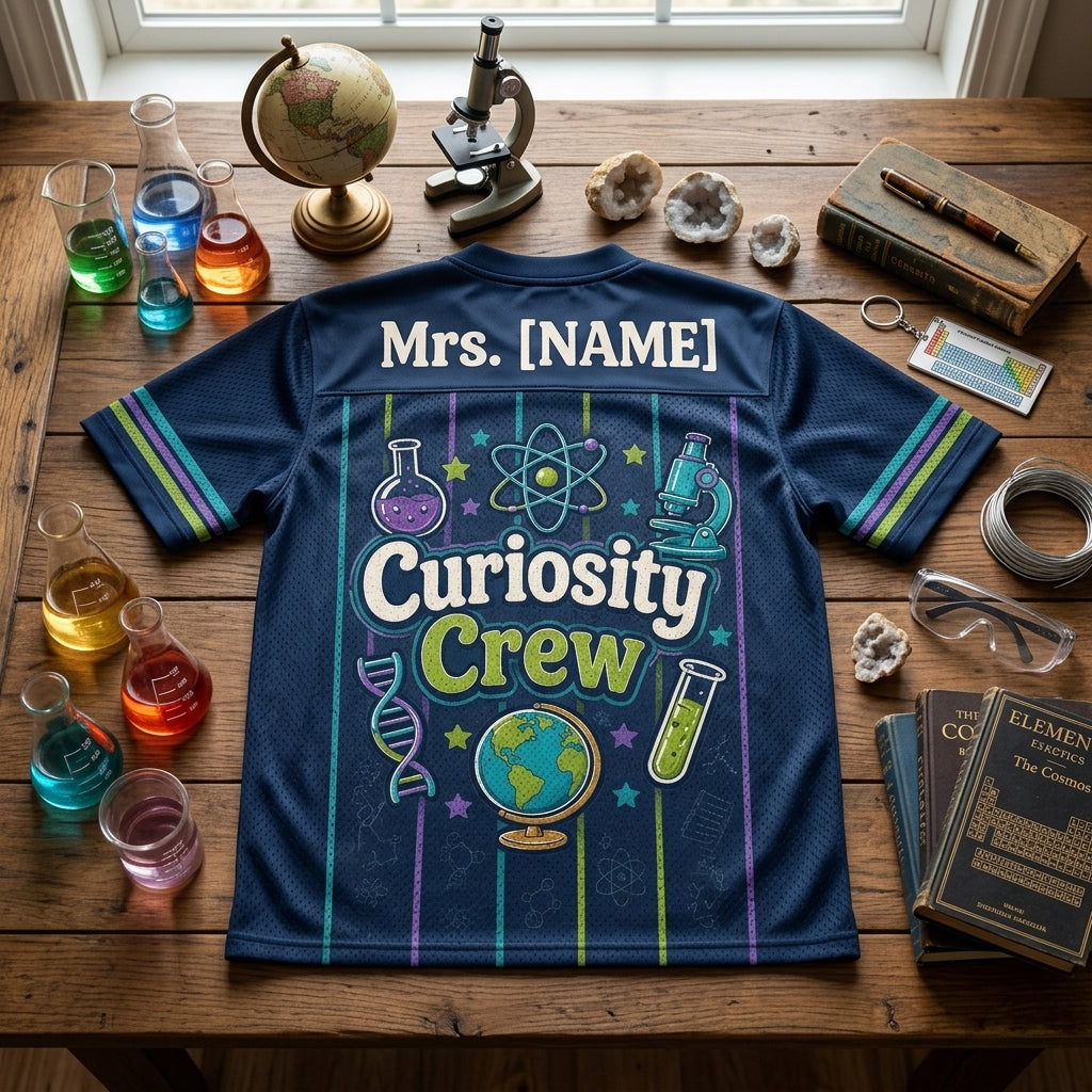 Personalized Science Teacher Football Jersey - Custom Name Curiosity Crew STEM Gift for Educators