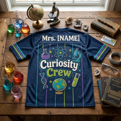 Personalized Science Teacher Football Jersey - Custom Name Curiosity Crew STEM Gift for Educators