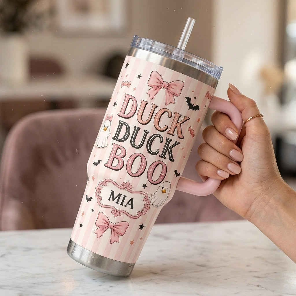 Personalized Duck Duck Boo 40oz Tumbler with Handle, Custom Coquette Ghost Duck Pink Halloween Gift