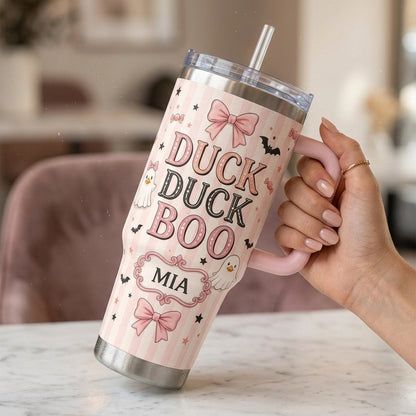 Personalized Duck Duck Boo 40oz Tumbler with Handle, Custom Coquette Ghost Duck Pink Halloween Gift
