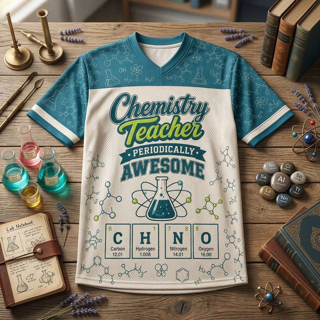 Personalized Chemistry Teacher Football Jersey - Custom Name & Number - Periodically Awesome Science Gift