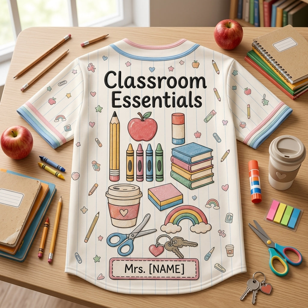 Personalized Classroom Essentials Teacher Baseball Jersey - Custom Name School Supplies Pastel Graphic Button Up