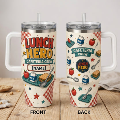 Personalized Lunch Hero Cafeteria Crew 40oz Tumbler with Handle - Custom Name School Gift - 40oz tumbler mockup 2