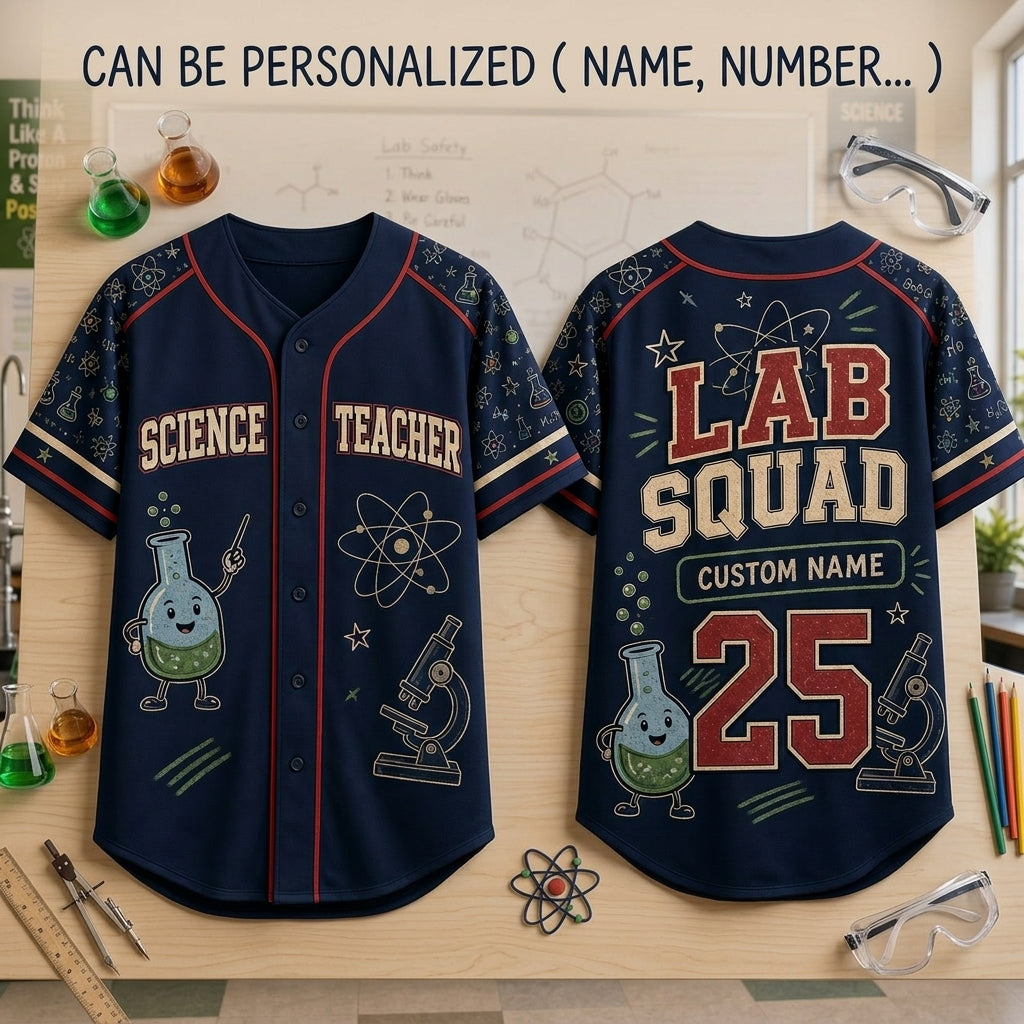 Personalized Science Teacher Baseball Jersey - Custom Lab Squad Team Shirt for STEM Educators