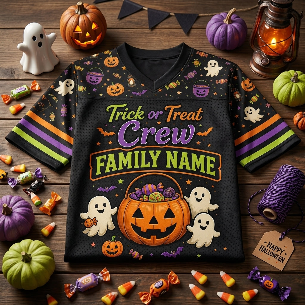 Personalized Halloween Football Jersey - Custom Family Name Trick or Treat Crew Candy Patrol Sports Shirt