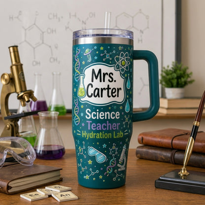 Personalized Science Teacher 40oz Tumbler with Handle - Custom Name Lab Squad Hydration Lab Gift