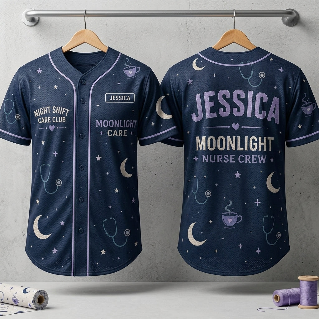Personalized Night Shift Nurse Baseball Jersey Custom Name Moonlight Care Club Medical Gift